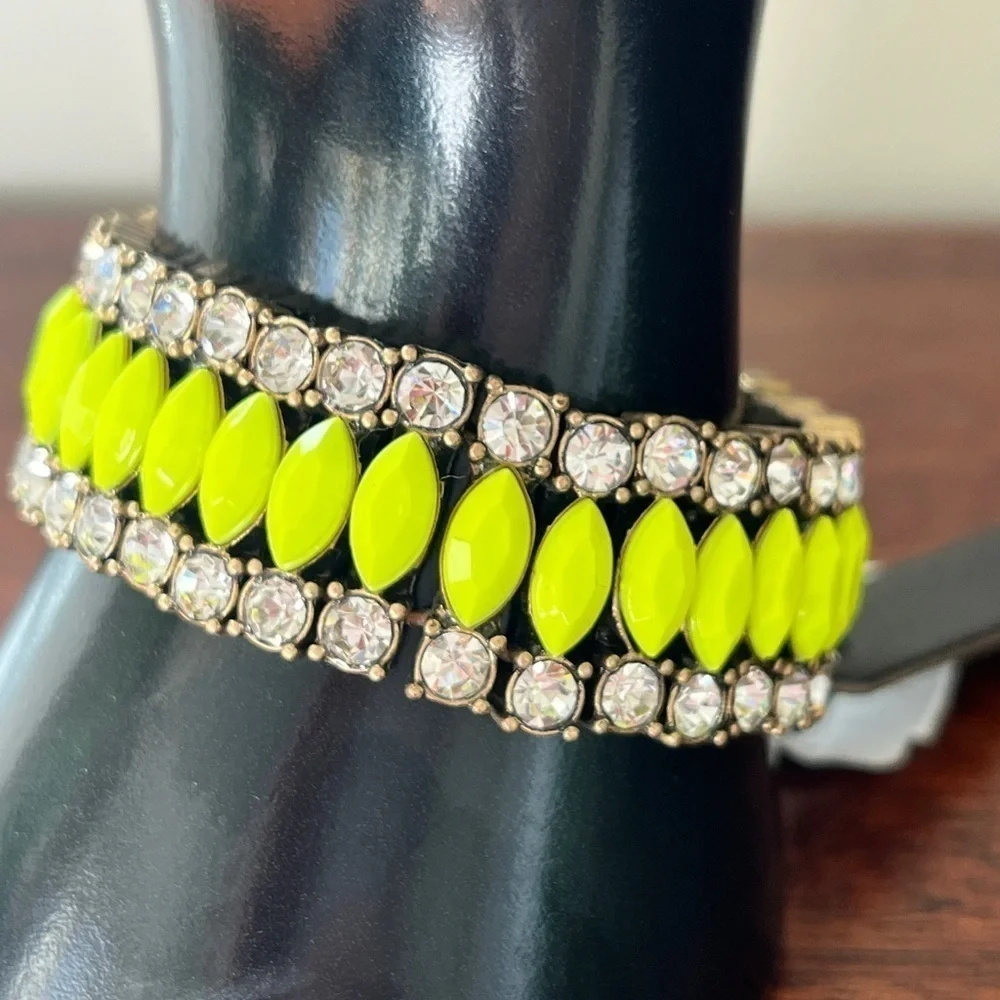 JCREW NWT rhinestone brass neon yellow stretch bracelet prom - Picture 4 of 14